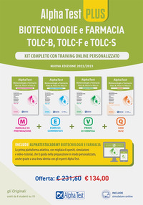 Alpha Test plus Biotecnologie e Farmacia TOLC-B, TOLC-F e TOLC-S. Kit completo di preparazione con training on line - Librerie.coop Alpha Test plus Biotecnologie e Farmacia TOLC-B, TOLC-F e TOLC-S. Kit completo di preparazione con training on line - Librerie.coop