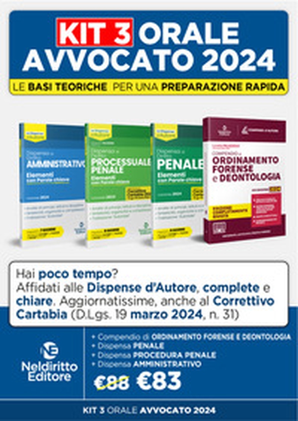Speciale Orale Avvocato kit 3 dispense + 1 compendio (Amministrativo, Ordinamento forense + Procedura penale + Penale) - Librerie.coop Speciale Orale Avvocato kit 3 dispense + 1 compendio (Amministrativo, Ordinamento forense + Procedura penale + Penale) - Librerie.coop