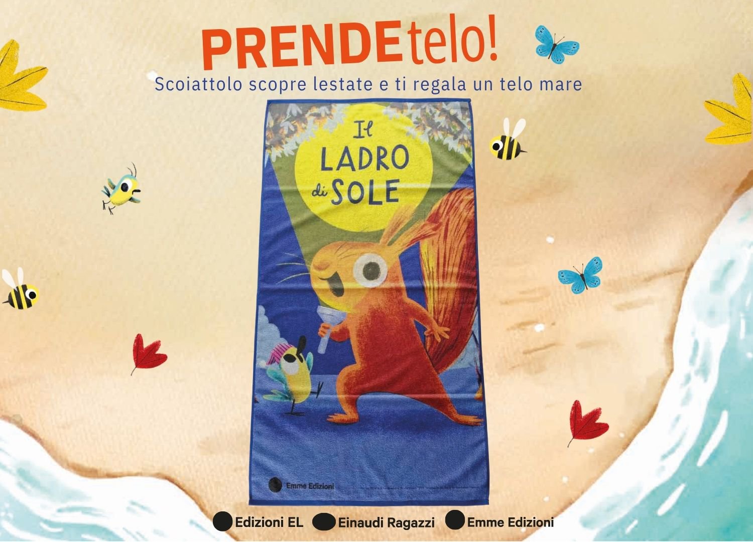 promozione telo mare in omaggio con acquisto 20 euro nel catalogo Emme Edizione, Einaudi ragazzi e EL edizioni.