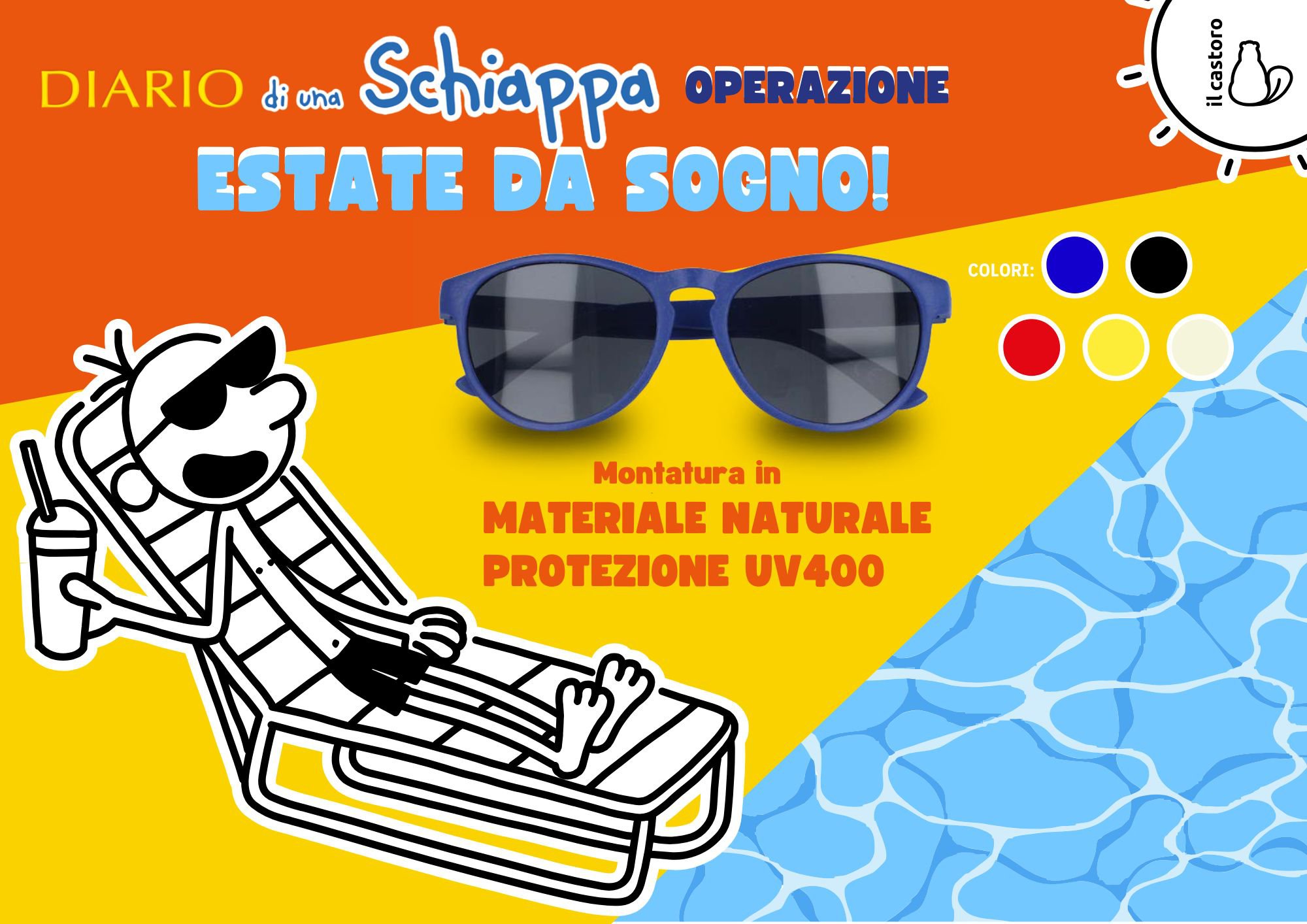 promozione editore Il Castoro, ogni due libri della sere Diario di una schiappa, un paio di occhiali da sole in omaggio