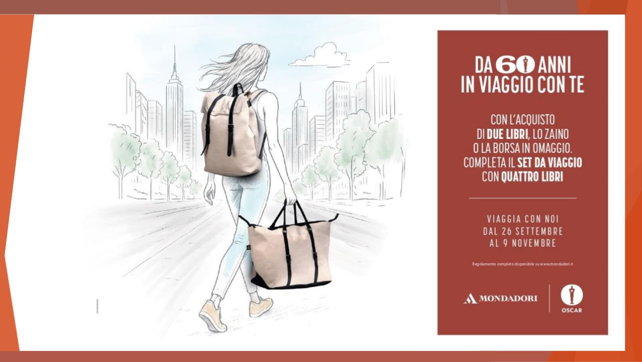 locandina promozione mondadori: ogni due libri in regalo borsa da viaggio