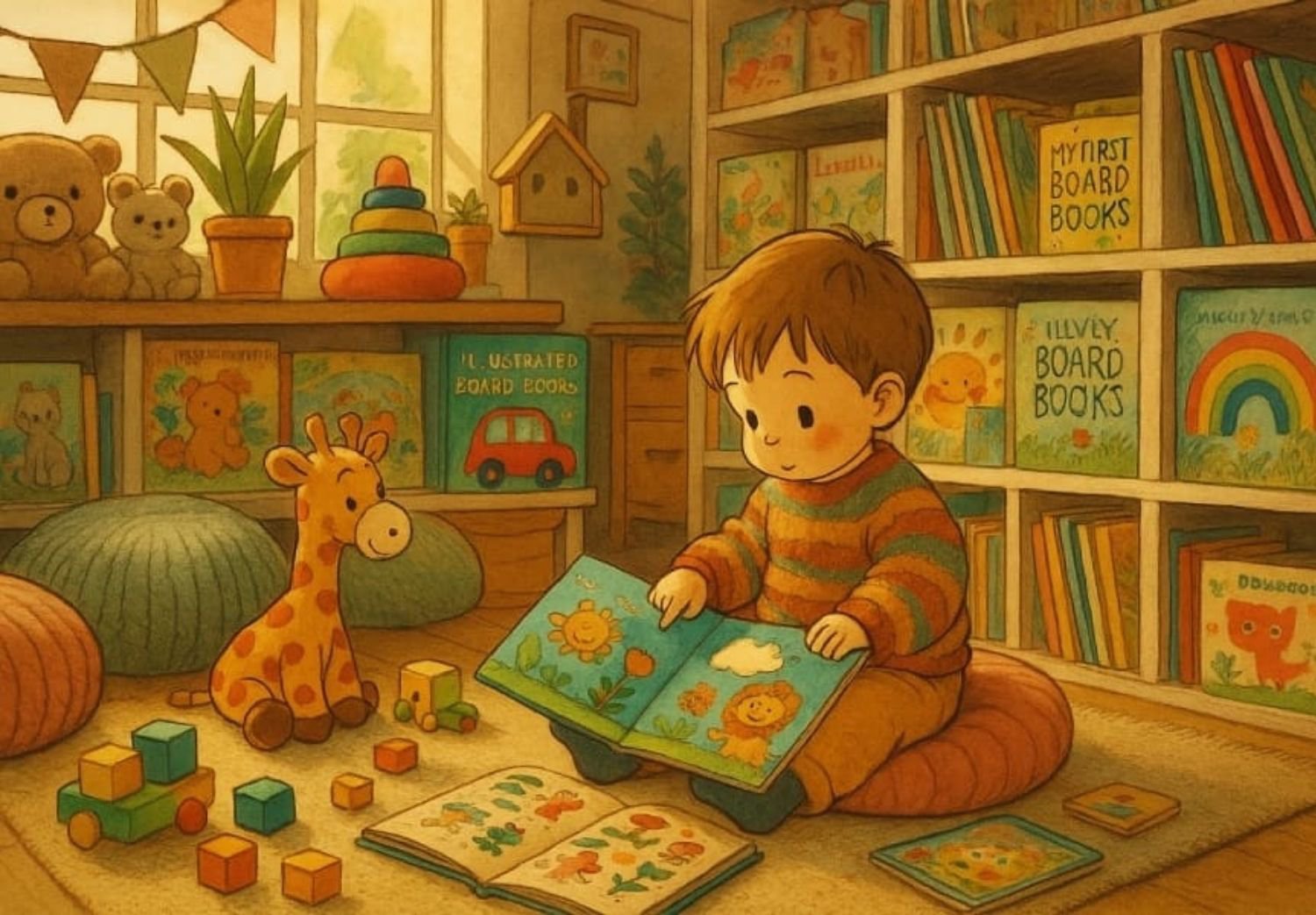 bambino piccolo che legge libro illustrato